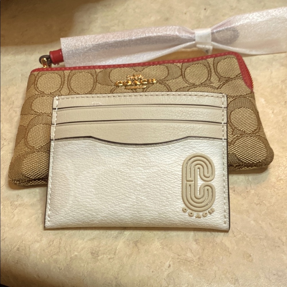 Coach Tan:Cream cardholder & logo Canvas:Red leather trimmed wristlet-Bundle